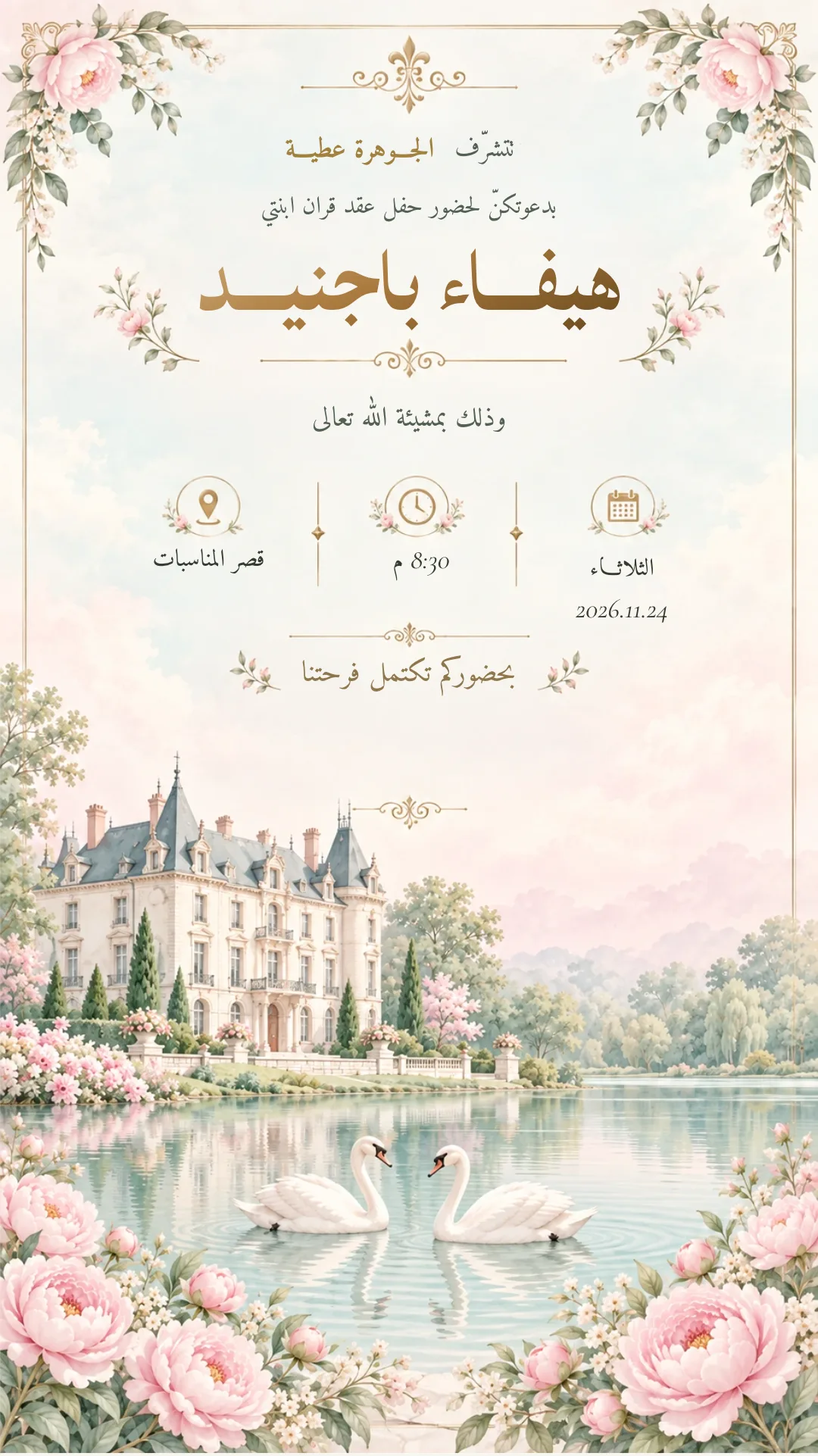 دعوة عقد قران إلكترونية بتصميم «قصر البحيرة»