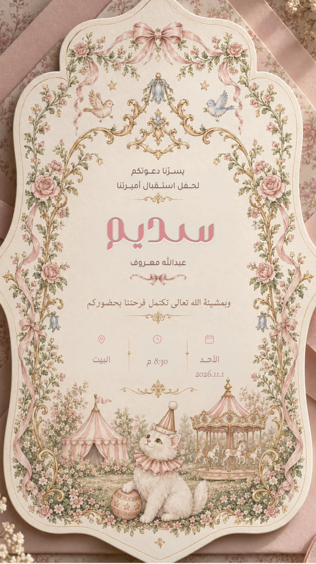 دعوة استقبال مولود إلكترونية بتصميم «ورد وكاروسيل»