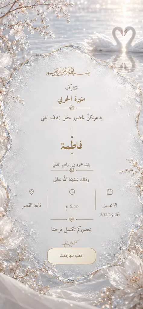 دعوة زفاف إلكترونية بتصميم البجعتين والكريستال بدرجات الفضّي والأبيض