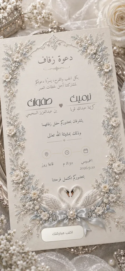 دعوة زفاف إلكترونية بزهورٍ بارزة وبجعتين بدرجات العاجي