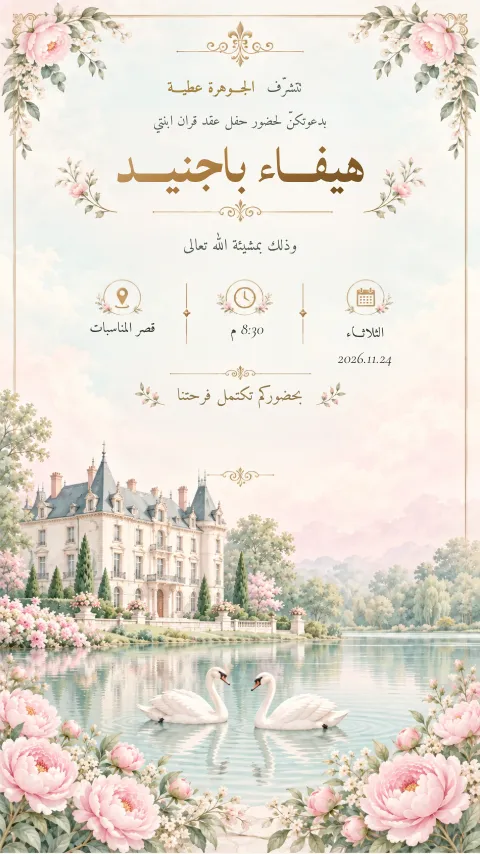 دعوة عقد قران إلكترونية بتصميم «قصر البحيرة»