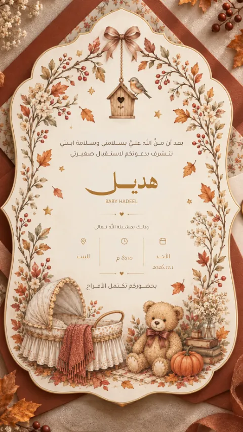 دعوة استقبال مولود إلكترونية بتصميم «دفء الخريف»