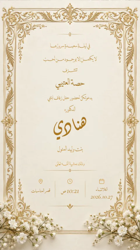 دعوة زواج إلكترونية بتصميم «ذهب وياسمين»