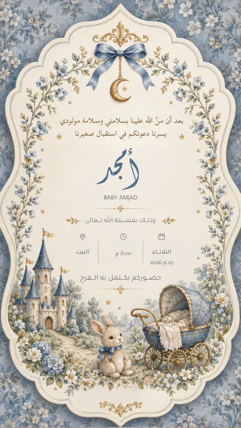 دعوة استقبال مولود إلكترونية بتصميم «حكاية زرقاء»